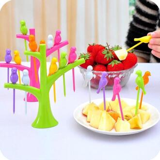 1 Stand + 6 Vorken Tandenstoker Fruit Tool Keuken Gadget Vogels Boom Birdie Fruit Vork Cartoon Boom Vorm Party Vork servies Set