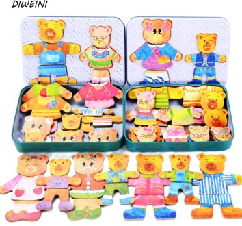 1 stks/set Creatieve Blikken doos houten speelgoed voor kinderen puzzel kleine beer omkleden Scène Dressing spel Puzzel Speelgoed