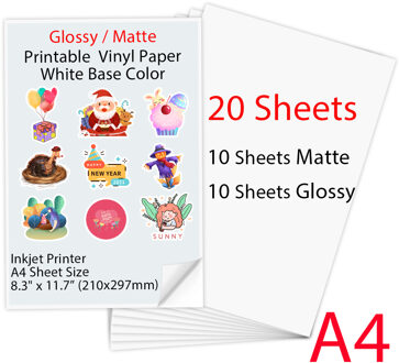 10 /20Sheets Matte Printable Vinyl Sticker Papier A4 Zelfklevende Kopieerpapier Inkjet Printer Papier Voor Inkjet printer Diy Ambachten 10 matte 10 glanzend