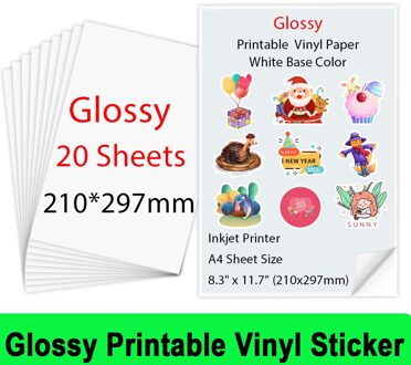 10 /20Sheets Matte Printable Vinyl Sticker Papier A4 Zelfklevende Kopieerpapier Inkjet Printer Papier Voor Inkjet printer Diy Ambachten 20 Sheets glanzend