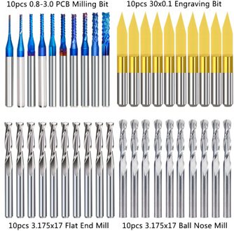 10/40Pcs End Mill Graveren Bits Set 3.175Mm Shank Cnc Frezen Radiusfrees Pcb frees Carbide Frezen 40stk reeks