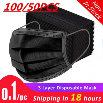 10/50/100/200pcs Mask Disposable Face masks Non woven 3 Layer Mouth Mask Filter Black Dust proof Breathable Earloops Mask