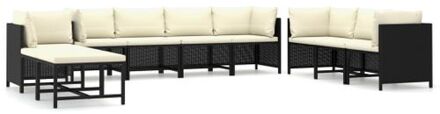 10-delige Loungeset met kussens poly rattan zwart