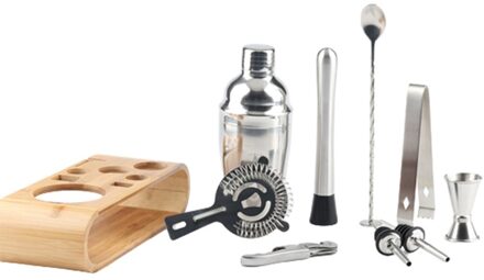 10 Delige Set Rvs Cocktail Set Bar Bartending Tool Bar Set Shaker Set Met Houten Rek