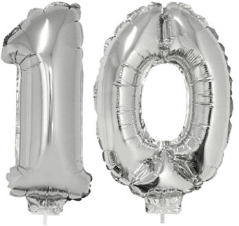 10 jaar leeftijd versiering cijfers - verjaardag - ballonnen op stokje - van 41 cm - zilver