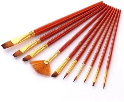 10 Rode Staaf Twee Kleur Nylon Wol Aquarel Borstel Set Olieverf Borstel rood
