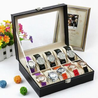 10 Slot Lederen Horloge Doos Glas Top Horloge Sieraden Display Case Organizer Business Horloge Organizer Met Afneembare Kussen