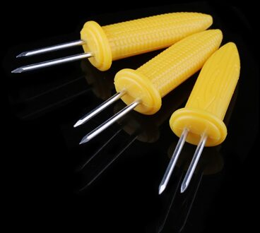 10 stks/partij Geel Nuttig Spiesjes Twin Naald Barbecue BBQ Veilig Prong Maïs Vork Cob Houders Party Supply