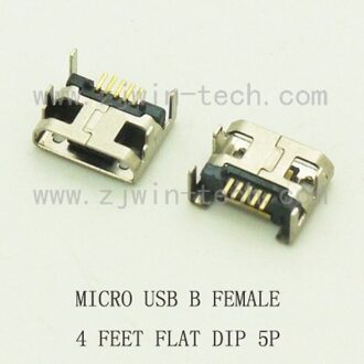 10 Stks/partij Micro Usb Connector Type B Vrouwelijke Jack 5Pin Lange Ping 4 Voeten Dip Platte Mond L = 6.0