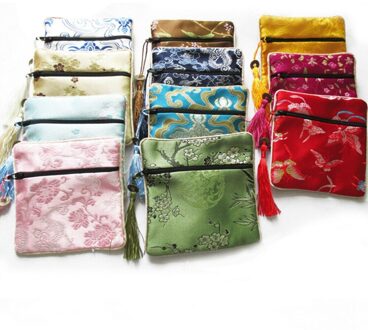 10 stks/partij Mix Kleuren Tassen Kleine Bloem Kwastje Zijde Vierkante Sieraden Zakjes Verpakking zak Chinese Rits Portemonnee