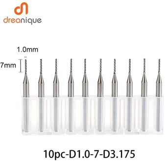 10 Stks/set Vhm Corn End Mill Frees Bits D0.8, 1.0, 1.6, 1.8, 2.4, 3.1 Pcb End Mill Cnc Snijden Frezen 10stk-D1.0-7