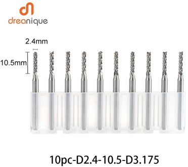 10 Stks/set Vhm Corn End Mill Frees Bits D0.8, 1.0, 1.6, 1.8, 2.4, 3.1 Pcb End Mill Cnc Snijden Frezen 10stk-D2.4-10.5