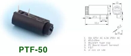 10 STKS x PTF50 PCB Horizontale Zekeringhouder PTF-50 5*20mm Panel Mount Zekeringhouder