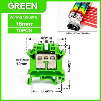 10 Stuks Din Rail Terminal Blok UK-16N Connductor Universele Klasse Schroef Draad Connector Strips Demonteren Montage groen-10stk