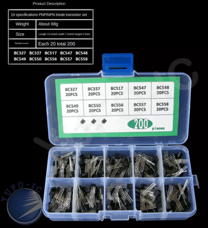 10 Values * 20pc=200pcs Transistor kit box set BC327 BC337 BC517 BC547 BC548 BC549 BC550 BC556 BC557 BC558 diode Assort mix pack