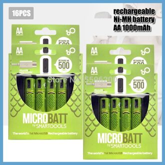 100% Capaciteit 1.2V Aa Ni-Mh Batterij 1000Mah Usb Oplaadbare Batterij + Usb Kabel Voor Afstandsbediening Muis E-Apparaat 16stk accu