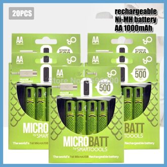 100% Capaciteit 1.2V Aa Ni-Mh Batterij 1000Mah Usb Oplaadbare Batterij + Usb Kabel Voor Afstandsbediening Muis E-Apparaat 20stk accu