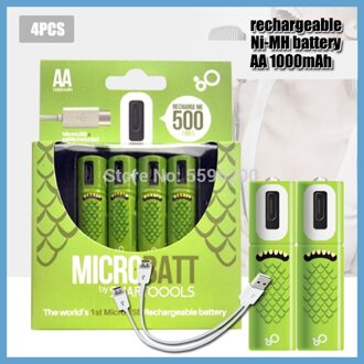 100% Capaciteit 1.2V Aa Ni-Mh Batterij 1000Mah Usb Oplaadbare Batterij + Usb Kabel Voor Afstandsbediening Muis E-Apparaat 4stk accu