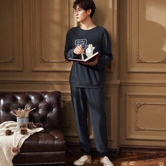 100% Katoen Pyjama Set Voor Mannen Dikke Ronde Hals Nachtkleding Set Toevallige Lange Mouw Broek Winter Mannen Loung dragen 3XL