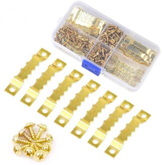 100 Sets/1 Doos Van Fotolijst Hardware Installatie Accessoires Combinatie Goud Dubbelzijdige Gekarteld Haak Frame Metalen haak