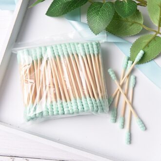 100 Stks/pak Dubbele Hoofd Wattenstaafje Vrouwen Make-Up Wattenstaafjes Tip Voor Medische Wood Sticks Neus Oren Schoonmaken Gezondheidszorg gereedschap groen