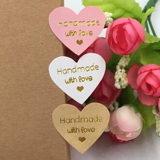 100 stks/partij Gold Print "Hand Gemaakt Met Liefde" Hart-vorm Papier Sticker DIY /Doos Label sticker Briefpapier wit