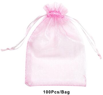 100 Stks/partij Organza Bags (13X18Cm) transparante Sneeuw Garen Zak Koord Zakjes Sieraden Verpakking Wedding Party Bags Roze