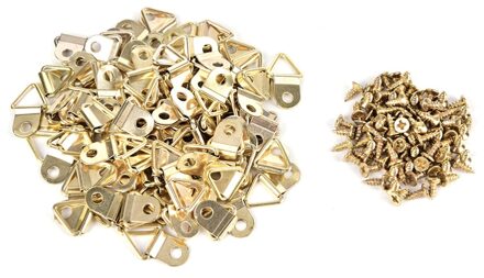 100 Stks/set Universele Sterke Golden D Ringen Decor Fotolijsten Hanger Haken Opknoping Driehoek Met 100 Stuks Schroeven Helper