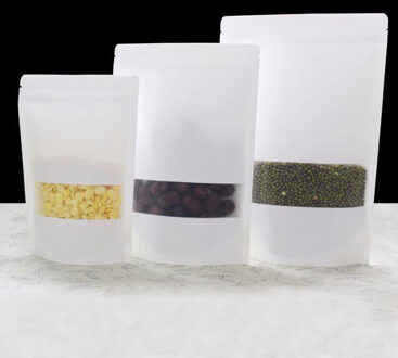 100 stks Wit Papieren Zakken Kraftpapier Met Venster Voor /Bruiloft/Snoep/Thee Kraft Zakken ambachten Stand Up Ziplock Verpakking Bag 12x20cm