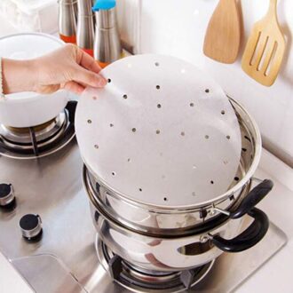 100 Stuks Herbruikbare Bamboe Steamer Papier Lucht Friteuse Liner Perkament Bamboe Steamer Papier Mat Geperforeerde Lucht Friteuse Cake Maken Tool 20cm