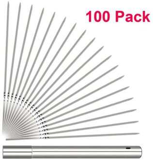 100 Stuks Herbruikbare Platte Ronde Rvs Barbecue Spiesjes Bbq Naald Stok Met Opslag Buis Voor Outdoor Camping Picknick Gereedschap Flat
