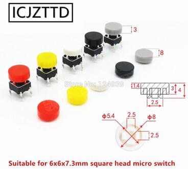 100 Stuks Knop Cap Cilindrische Binnendiameter Maat 2.5*2.5Mm Geschikt Voor 6X6X7.3Mm vierkante Kop Micro Tact Switch Multicolor geel