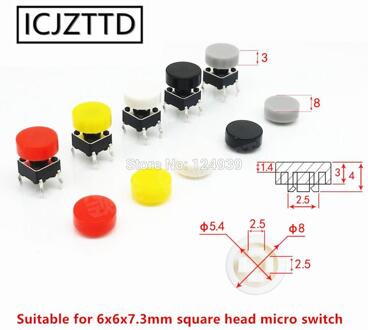 100 Stuks Knop Cap Cilindrische Binnendiameter Maat 2.5*2.5Mm Geschikt Voor 6X6X7.3Mm vierkante Kop Micro Tact Switch Multicolor Grijs