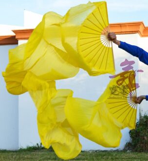 100% Zijde Vrouwelijke Chinese Zijde Dansen Fans 1 Paar Handgemaakte Geverfd Zijde Buikdans Fans Geel 180*90 Cm Xxl