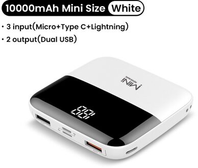 10000Mah Mini Power Bank Led Power Display Poverbank Draagbare Externe Batterij Oplader Powerbank Voor Iphone 12 Xiaomi 10 wit
