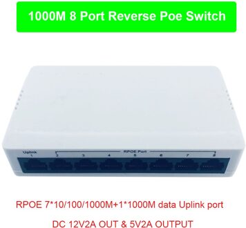 1000M 8 Poort Reverse Poe Schakelaar 7*10/100/1000M + 1*1000M uplink Dc Output 5V 2A En 12V 2A Rpoe Vlan-ondersteuning wit