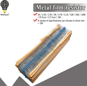 100pcs 1/4W 1R~22M 1% Metal film resistor 100R 220R 1K 1.5K 2.2K 4.7K 10K 22K 47K 100K 100 220 1K5 2K2 4K7 ohm resistance