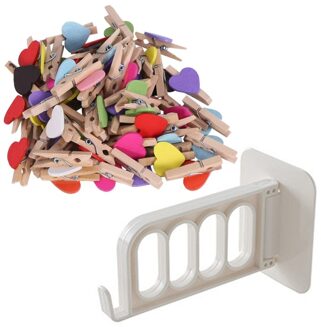 100Pcs Mini Houten Hart Pinnen Fotopapier Clip & 1 Pcs Kleding-Haak Plastic Wall Mount traceless Opslag Houders