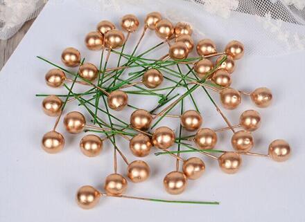 100Pcs Mini Kunstmatige Bessen Parel Plastic Meeldraden Bloemen Fruit Cherry Voor DIY Ambachtelijke Bruiloft Kerstmis Bessen Decor Goud