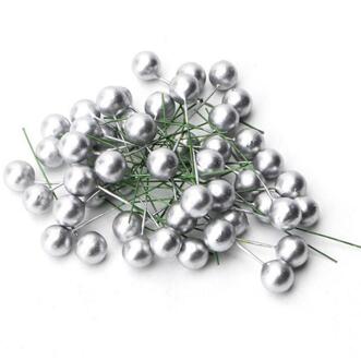 100Pcs Mini Kunstmatige Bessen Parel Plastic Meeldraden Bloemen Fruit Cherry Voor DIY Ambachtelijke Bruiloft Kerstmis Bessen Decor Zilver