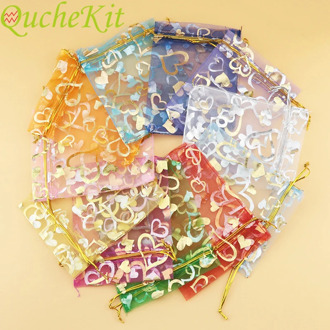 100pcs Small Organza Bags Party Wedding Decoration Chocolate Candy Jewelry Packaging Bags Christmas Hearts Design Gift Bag