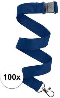 100x Donkerblauw keycord/lanyard met karabijnhaak sleutelhanger 50 cm - Polyester keycords/sleutelkoord