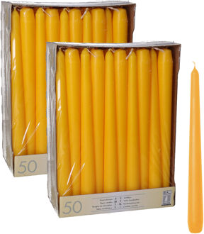 100x stuks dinerkaarsen donkergeel 25 cm