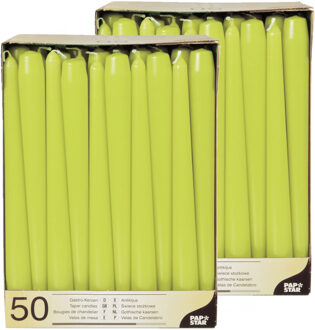 100x stuks dinerkaarsen lime groen 25 cm
