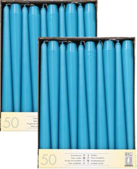 100x stuks Voordeelverpakking dinerkaarsen turquoise blauw - 25 cm - 7 branduren