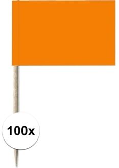 100x Vlaggetjes prikkers oranje 8 cm hout/papier - Cocktailprikkers