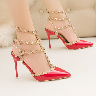 10CM PUMPS woman 2019 Sexy nightclub stiletto heels patent-leather metallic rivet hollow Roman fashion sandals