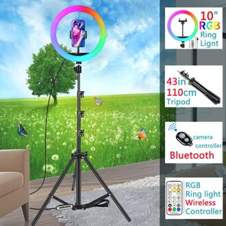 10in Rgb Led Kleur Selfie Ring Licht Fotografie Ringlicht Cirkel Lamp Statief Licht Invullen Telefoon Standhouder Trepied Make-Up met 110cm statief