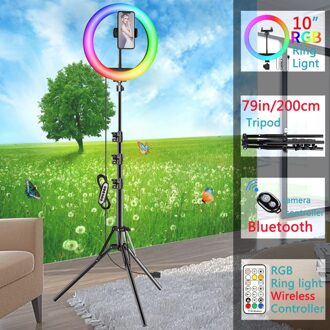 10in Rgb Led Kleur Selfie Ring Licht Fotografie Ringlicht Cirkel Lamp Statief Licht Invullen Telefoon Standhouder Trepied Make-Up met 200cm statief