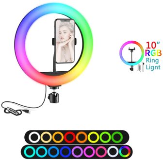 10in Rgb Led Kleur Selfie Ring Licht Fotografie Ringlicht Cirkel Lamp Statief Licht Invullen Telefoon Standhouder Trepied Make-Up RGB licht enkel en alleen